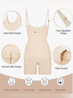 Light Beige Open-Bust Shapewear Bodysuit with Adjustable Straps